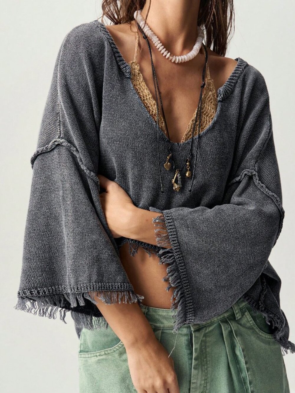 Grey Casual Women's Tassel Design Long Sleeve Sweater - Picture 3 of 11